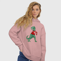 Толстовка оверсайз женская Динозавр в новогоднем свитере, цвет: пыльно-розовый — фото 2
