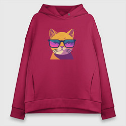 Толстовка оверсайз женская Кот в стильных очках, цвет: маджента