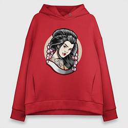 Толстовка оверсайз женская Девушка с татуировкой дракона, цвет: красный