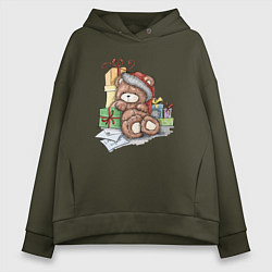 Толстовка оверсайз женская Мишка с подарками, цвет: хаки