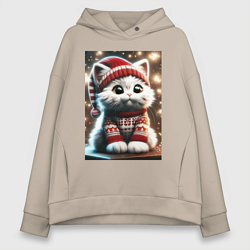Женское худи оверсайз Котик в новогоднем свитере / Миндальный – фото 1
