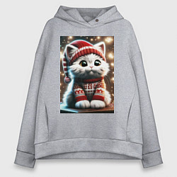 Толстовка оверсайз женская Котик в новогоднем свитере, цвет: меланж