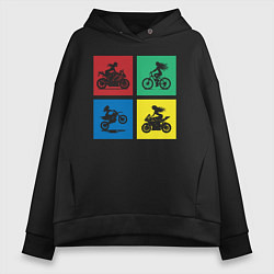 Толстовка оверсайз женская Силуэты девушек на велосипедах и мотоциклах, цвет: черный