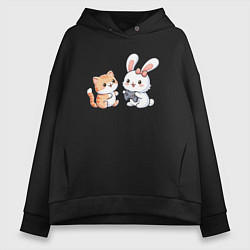 Толстовка оверсайз женская Котик играет с кроликом, цвет: черный