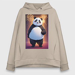 Толстовка оверсайз женская Панда в свитере под салютом - ai art, цвет: миндальный