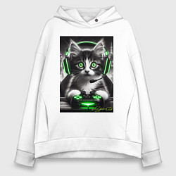 Толстовка оверсайз женская Котёнок командный геймер - киберспорт, цвет: белый