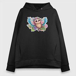 Толстовка оверсайз женская Маленький ленивец, цвет: черный