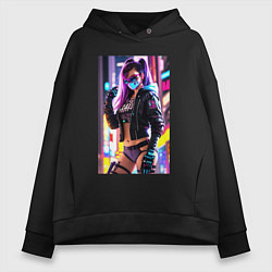 Толстовка оверсайз женская Sexy girl - cyberpunk, цвет: черный