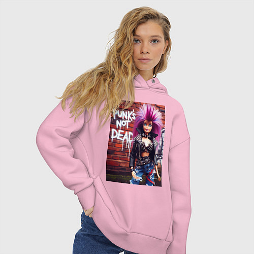 Женское худи оверсайз Punks not dead - cool Barbie ai art / Светло-розовый – фото 3