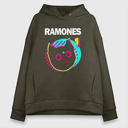 Толстовка оверсайз женская Ramones rock star cat, цвет: хаки