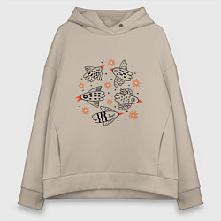 Толстовка оверсайз женская Полет птиц, цвет: миндальный