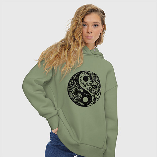 Женское худи оверсайз Два тигра как знак инь янь / Авокадо – фото 3