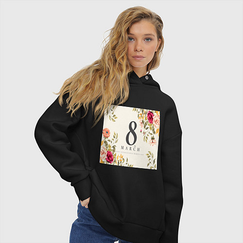 Женское худи оверсайз Цветочный фон 8 марта / Черный – фото 3