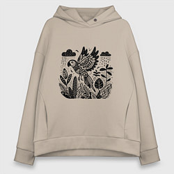Толстовка оверсайз женская Летящий попугай и растения, цвет: миндальный