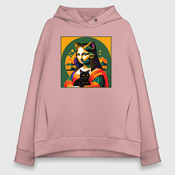 Толстовка оверсайз женская Мона Лиза с черным котиком, цвет: пыльно-розовый