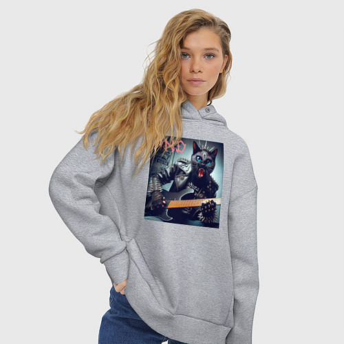 Женское худи оверсайз Чёрный котяра - панк гитарист / Меланж – фото 3
