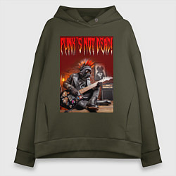 Толстовка оверсайз женская Котяра гитарист - панк не умер, цвет: хаки