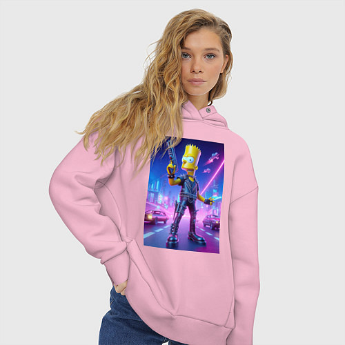 Женское худи оверсайз Cyber Bart - neon glow ai art / Светло-розовый – фото 3