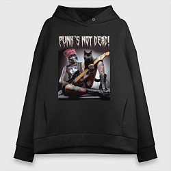 Толстовка оверсайз женская Punk girl with a black cat and a guitar, цвет: черный