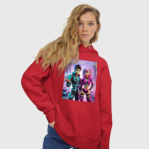 Женское худи оверсайз Barbie and Ken Voxel ai art Minecraft 2099 / Красный – фото 3