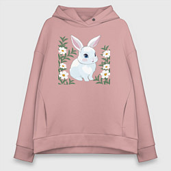 Толстовка оверсайз женская Милый зайчонок на фоне цветов, цвет: пыльно-розовый