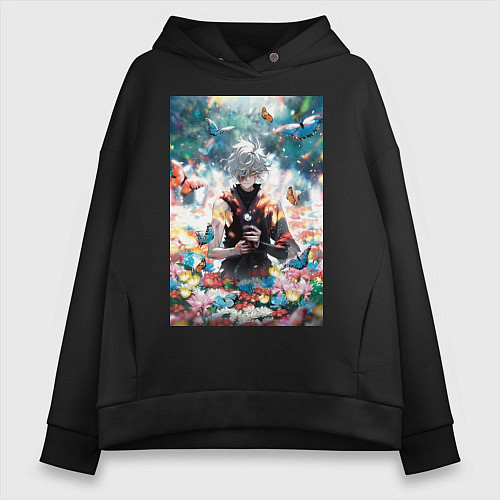 Женское худи оверсайз Адский рай Габимару цветы / Черный – фото 1
