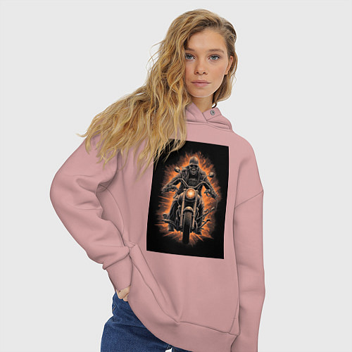 Женское худи оверсайз Скелет едет на старом мотоцикле / Пыльно-розовый – фото 3