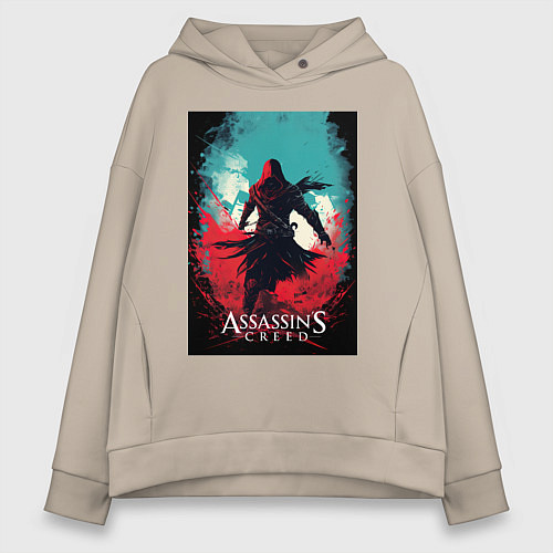 Женское худи оверсайз Assassins creed red blue abstract / Миндальный – фото 1