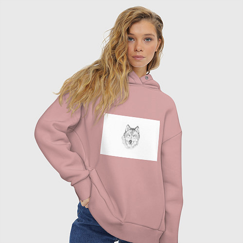 Женское худи оверсайз Нарисованный волк зубами щёлк / Пыльно-розовый – фото 3
