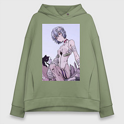 Толстовка оверсайз женская Евангелион Рей Аянами кот, цвет: авокадо