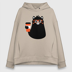 Толстовка оверсайз женская Мишка с напитком, цвет: миндальный