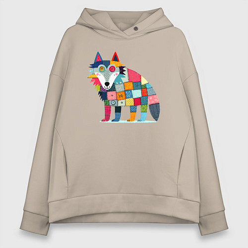Женское худи оверсайз Funny wolf - patchwork ai art / Миндальный – фото 1