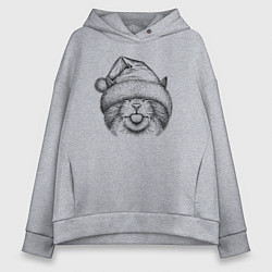 Толстовка оверсайз женская Кот в новогодней шапке, цвет: меланж