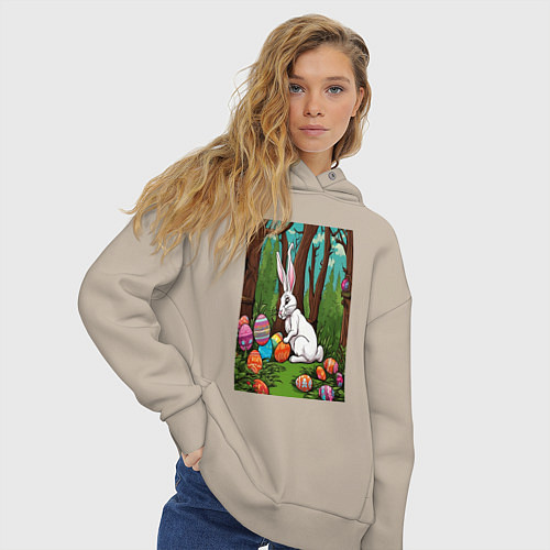 Женское худи оверсайз Пасхальный кроль в лесу / Миндальный – фото 3