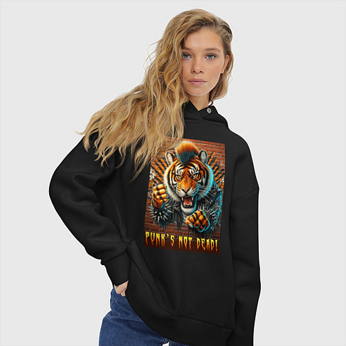 Женское худи оверсайз Punks not dead - motto tiger / Черный – фото 3