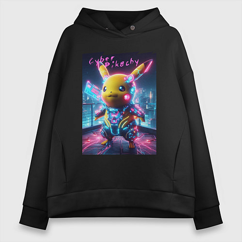 Женское худи оверсайз Cyber Pikachu - neon glow ai art fantasy / Черный – фото 1