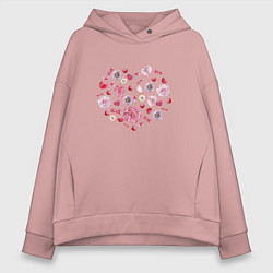 Толстовка оверсайз женская Сердечко с цветами, цвет: пыльно-розовый