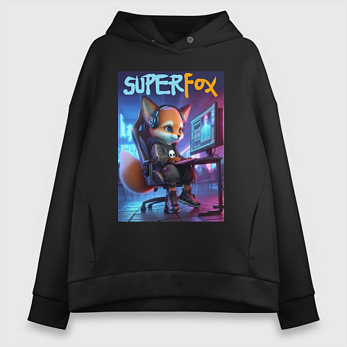 Женское худи оверсайз Super fox gamer - ai art fantasy / Черный – фото 1