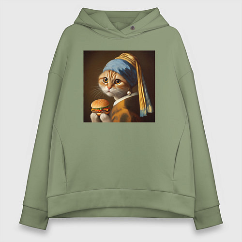 Женское худи оверсайз Забавная кошка с бургером в лапах в стиле картины / Авокадо – фото 1