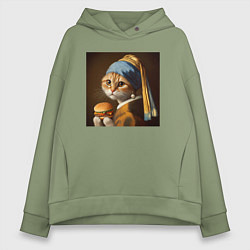 Толстовка оверсайз женская Забавная кошка с бургером в лапах в стиле картины, цвет: авокадо