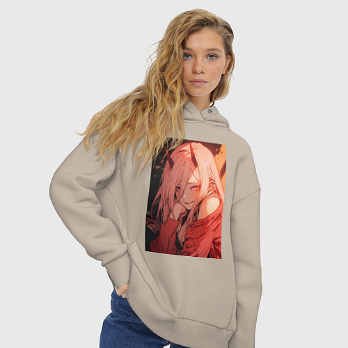 Женское худи оверсайз Человек-бензопила Пауэр Охотница на демонов / Миндальный – фото 3