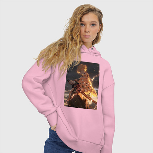 Женское худи оверсайз Клинок, рассекающий демонов Дзэнъицу Агацума молни / Светло-розовый – фото 3