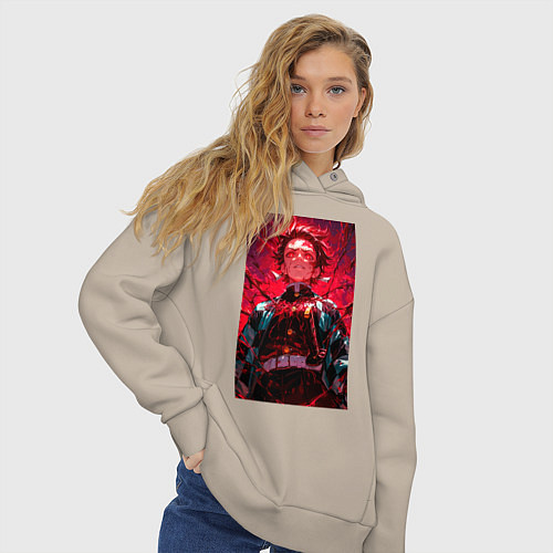 Женское худи оверсайз Клинок, рассекающий демонов Тандзиро Камадо охотни / Миндальный – фото 3