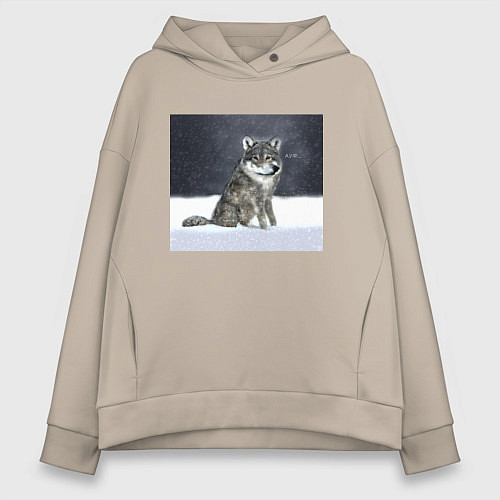 Женское худи оверсайз Волк ауффф мем / Миндальный – фото 1