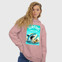 Толстовка оверсайз женская Surfing never alone - shark and surfer, цвет: пыльно-розовый — фото 2