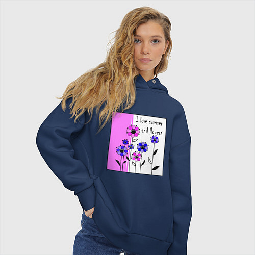 Женское худи оверсайз Люблю лето и цветы яркий розовый / Тёмно-синий – фото 3
