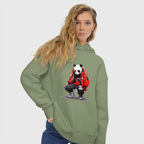 Женское худи оверсайз Модная панда в красной куртке / Авокадо – фото 3
