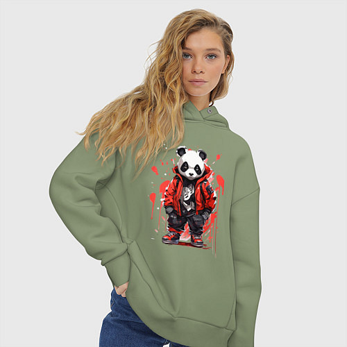 Женское худи оверсайз Модная панда в красной куртке / Авокадо – фото 3