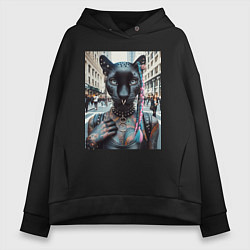 Толстовка оверсайз женская Пантера панк из Нью-Йорка - нейросеть, цвет: черный