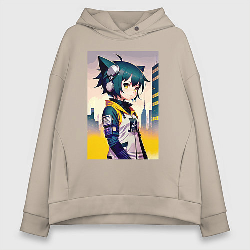 Женское худи оверсайз Kitten girl - cyberpunk / Миндальный – фото 1